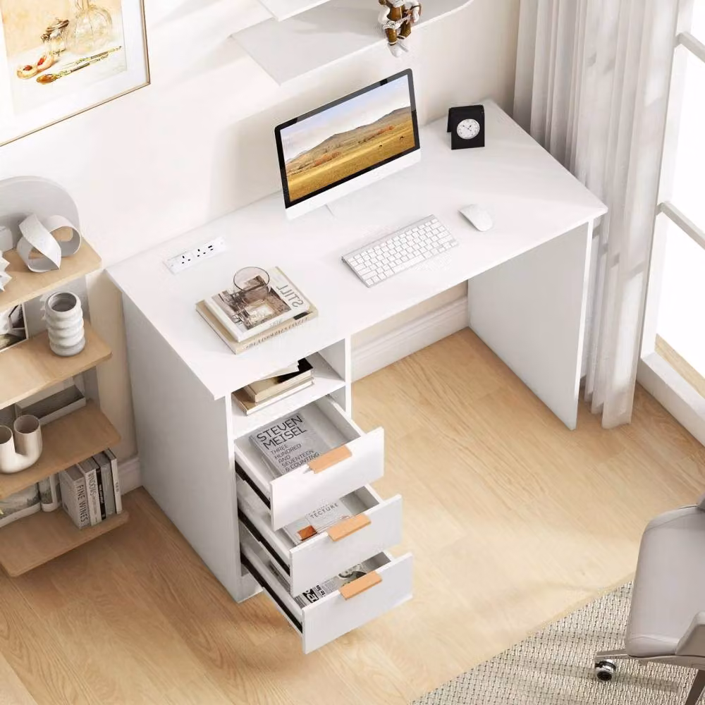 Costway Modern Home Office Computer Desk with Power Outlet and 3 Drawers in White – 2