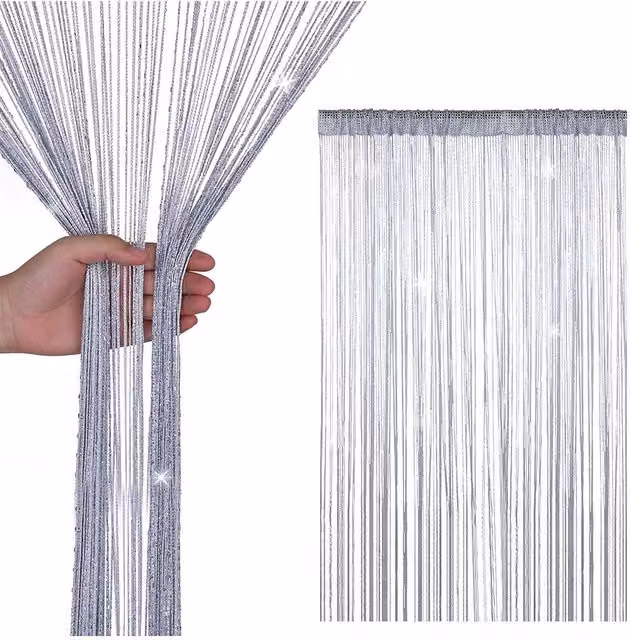 Neel Blue Glitter String Curtain in Silver Polyester Fringe Panel, W: 90 cm, H: 200 cm