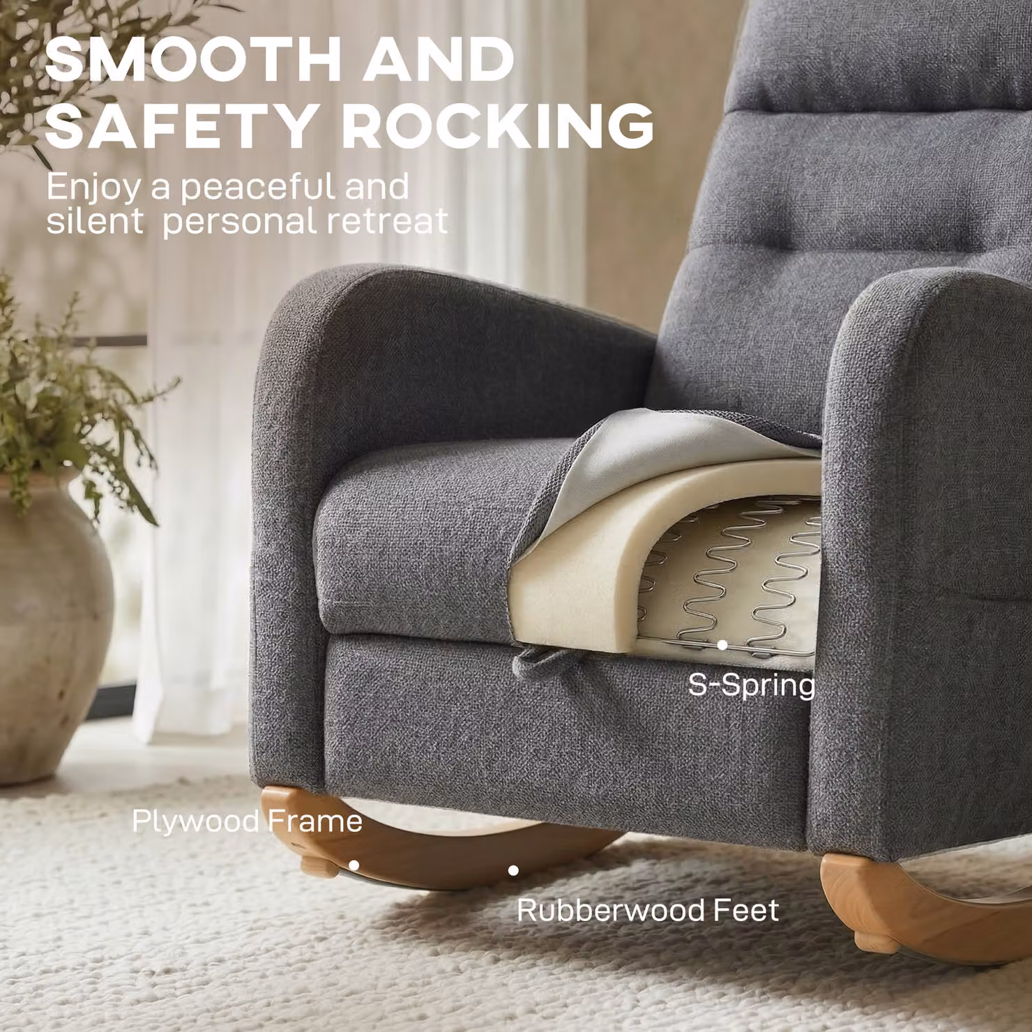 HOMCOM Grey Upholstered Rocking Chair with Retractable Footrest and High Back – 5