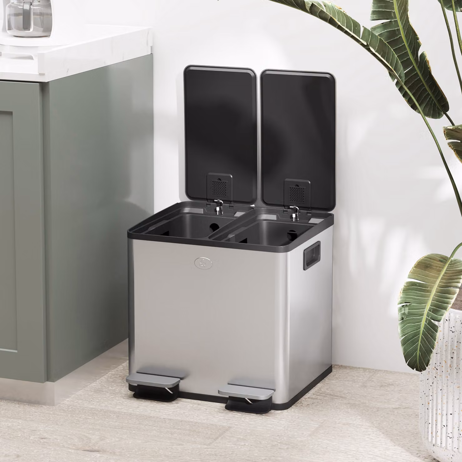 HOMCOM 30L Dual Compartment Stainless Steel Pedal Bin with Odour Filter and Removable Inner Bucket, Silver Tone – 7