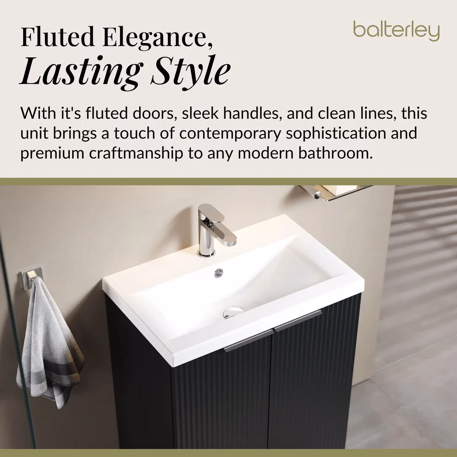 Balterley Fluted Front Floor Standing 2 Door Vanity Basin Unit in Dark Grey, W: 60 cm, H: 85 cm – 3