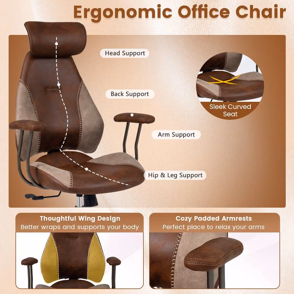 Gymax Ergonomic Brown Office Chair with Headrest and Rocking Backrest – 7