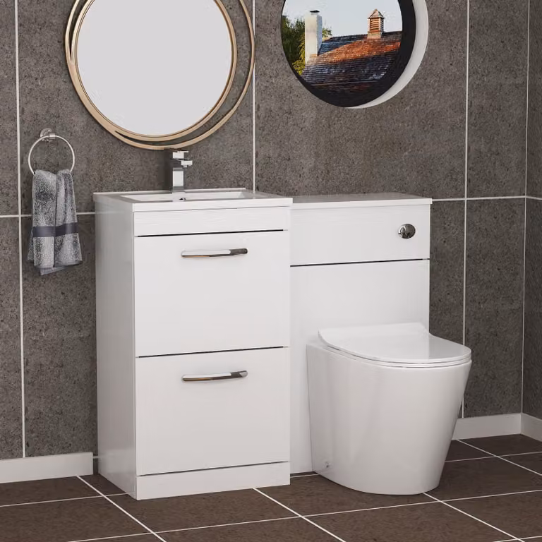 Royal Bathrooms Modern Turin Gloss White 1000mm 2-Drawer Minimalist Basin and Cesar Back to Wall Toilet Pack