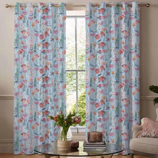 Voyage Maison Florabunda Made to Measure Blackout Eyelet Curtain in Cornflower Blue and Multicolour Floral Cotton Linen Fabric