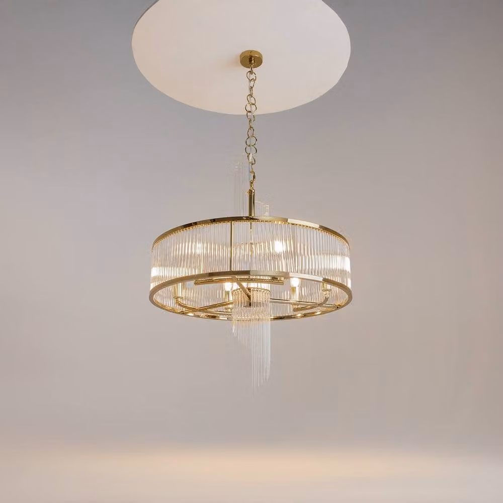 Netlighting Modern Cylindrical Pendant Light in Gold and Brass with Transparent Glass Shade, Diameter: 58 cm, 6 x E14 Bulbs – 2