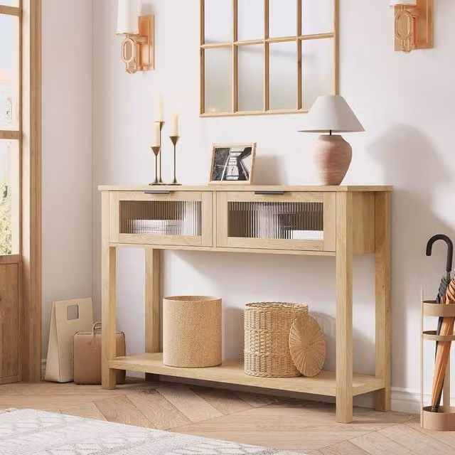 London Boutique Slim 2-Tier Console Table with Drawers in Natural Wood and Glass