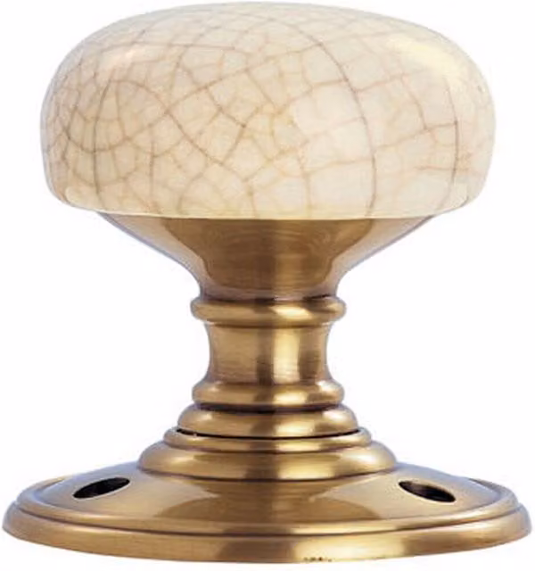 Loops Porcelain Mushroom Door Knob in Ivory Crackle Glaze and Florentine Bronze