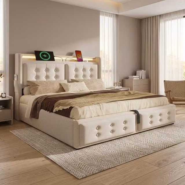 STILVORA Upholstered Bed Frame with LED, USB Charging Port and Bedside Shelf, Beige, W/D/H: 140 x 200 x 135 cm – 1
