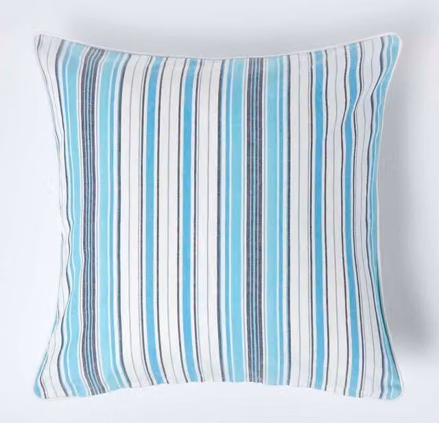 Homescapes New England Striped Cotton Cushion Cover in Blue and White, W/D/H: 60 x 60 x 0 cm – 1