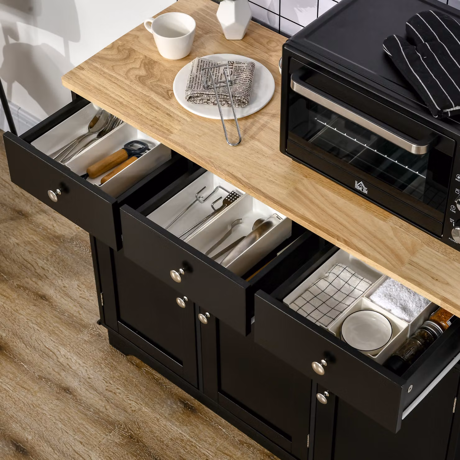 HOMCOM Modern Black Sideboard with Rubberwood Top and Adjustable Shelves – 8