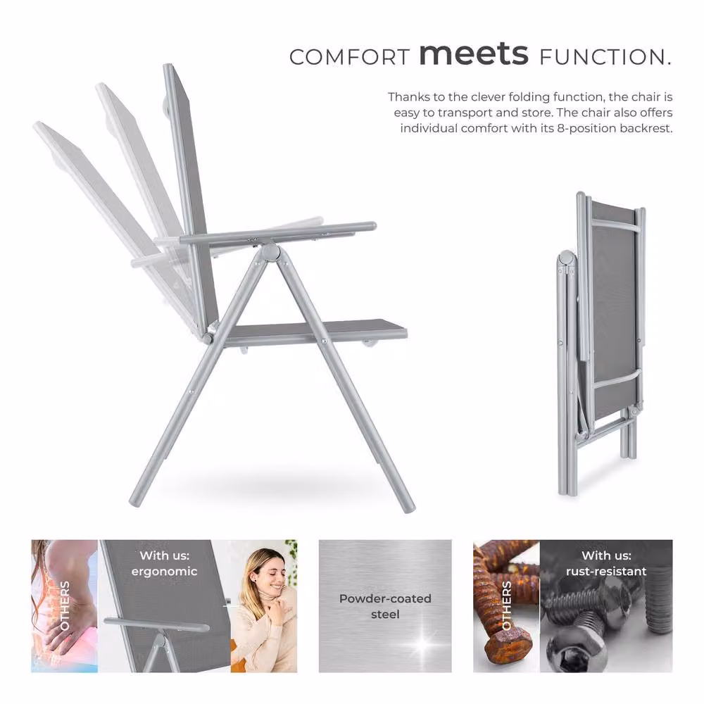 tectake XL Folding Garden Chairs with Adjustable Backrests and Armrests in Silver Mesh Fabric – 2