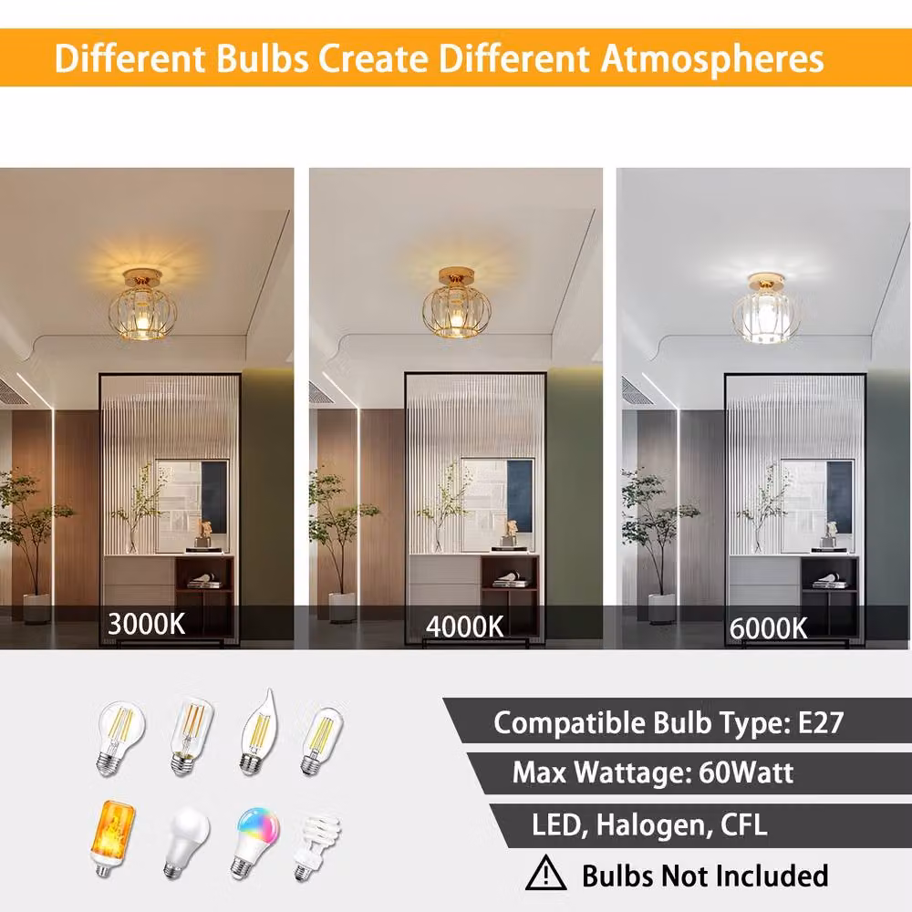 Pheashine Modern Gold and Brass Crystal Ceiling Light with Metal Cage and E27 Socket – 3
