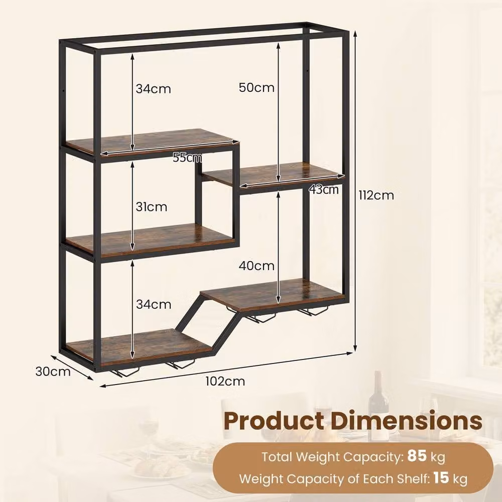 Costway 5-Tier Wall Mounted Industrial Wine Display Shelf with Glass Holders in Brown – 2