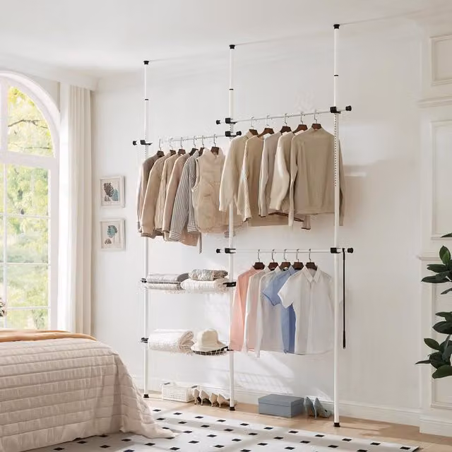 House of Home Telescopic Double Wardrobe Organiser with White Rail and Baskets, W: 120 cm, H: 38 cm, D: 38 cm – 1