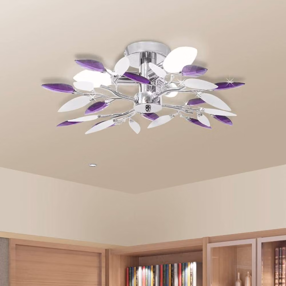 Berkfield Home Modern Ceiling Lamp in White and Purple with Chrome Metal Accents and Crystal Leaf Arms, 3 x E14 Bulbs – 2