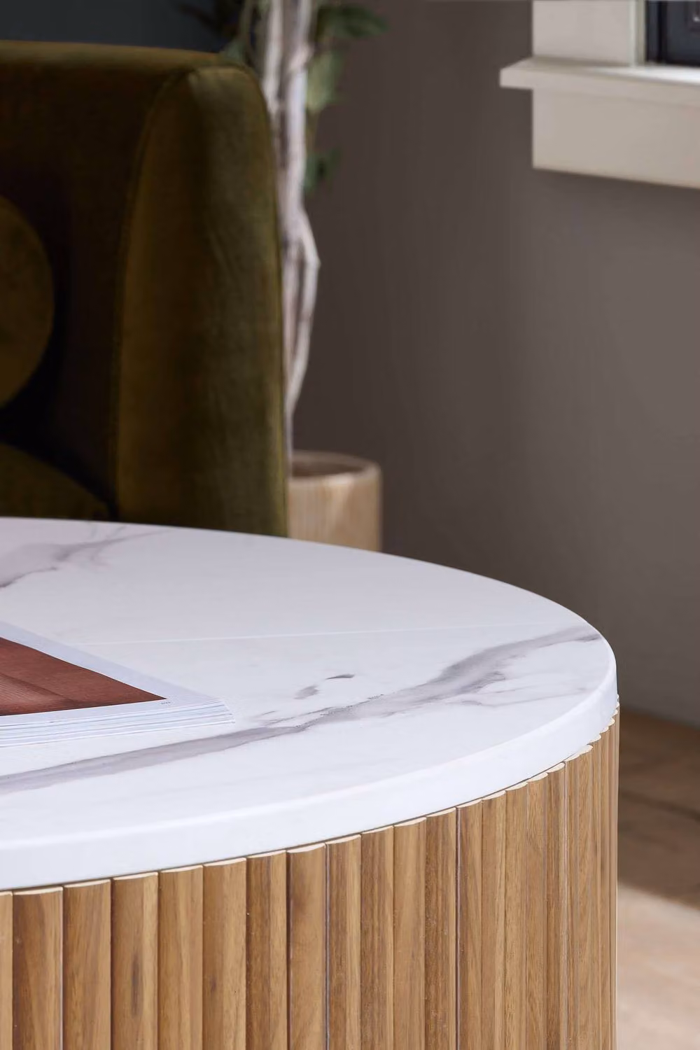 Birlea Kagu Round Coffee Table with Fluted Ribbed Light Oak and Marble Effect Finish – 4