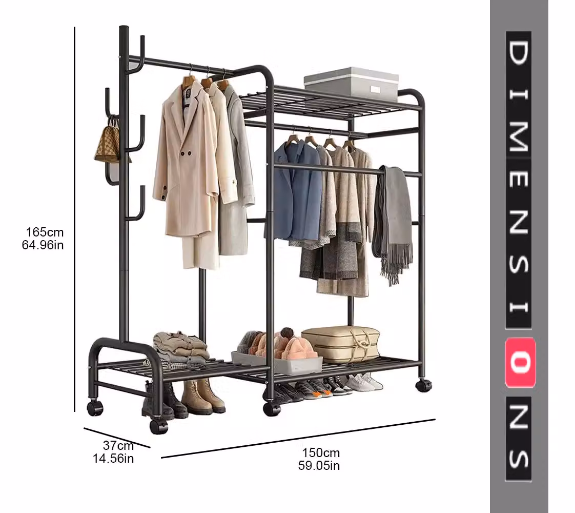 Modcraft Industrial Matt Black Heavy Duty Double Clothes Rail with Dual Hook and Rail Matrix – 6