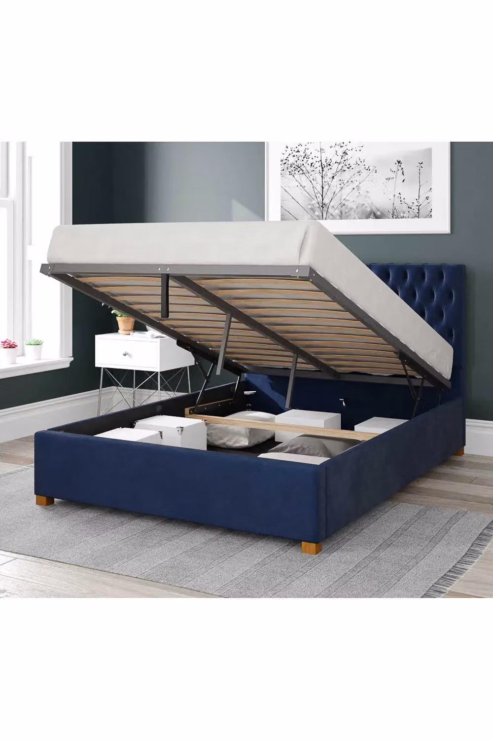 Aspire Nightingale King Size Upholstered Ottoman Storage Bed in Blue Plush Velvet Fabric – 2