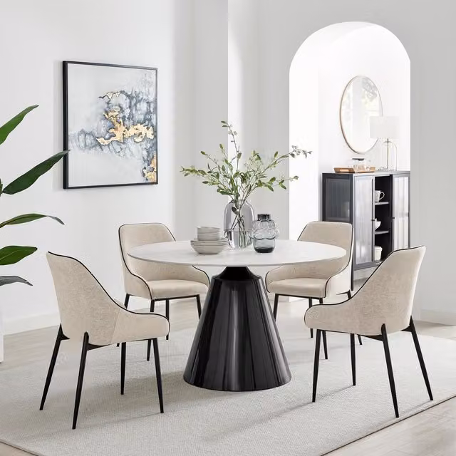 FurnitureboxUK Nina Round Ceramic Top Dining Table with 4 Cream Beaumont Chairs