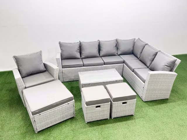 Fimous Garden 10 Seater L-Shape Rattan Outdoor Furniture Set in Light Grey with Upholstered Cushions