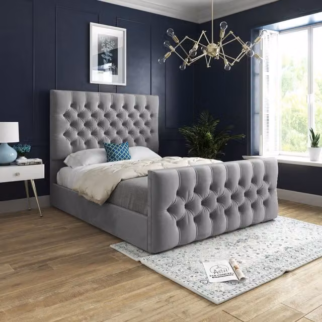 KDMD Chesterfield Upholstered Velvet Bed Frame in Grey, W/D/H: 90 x 190 cm