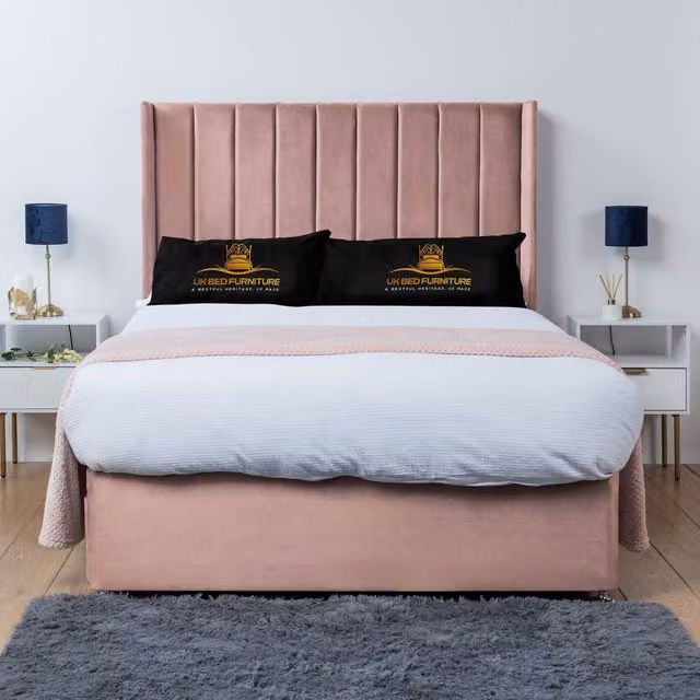 UK Bed Furniture Bella Wingback Divan Bed Base with 54 Inch Headboard in Pink Velvet, W/D/H: 90 x 190 x 137.16 cm