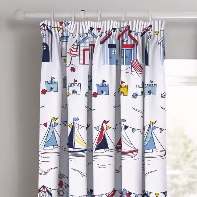 Velosso Nautical Seaside Blackout Pencil Pleat Curtains, Multicolour and White, W: 168 cm, H: 137 cm