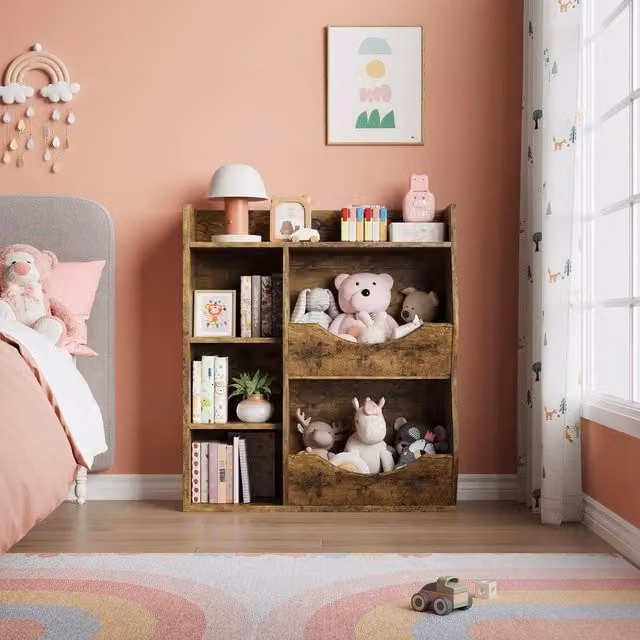 VOGREX 5-Cubby Wooden Kids Toy Storage Organizer in Brown