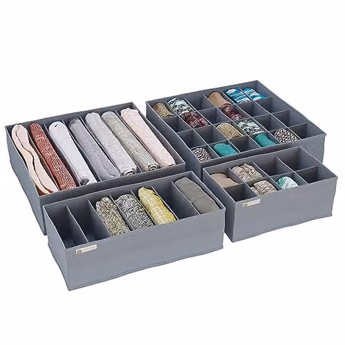 DS Living Foldable Fabric Drawer Organisers and Wardrobe Dividers, Grey, Set of 4