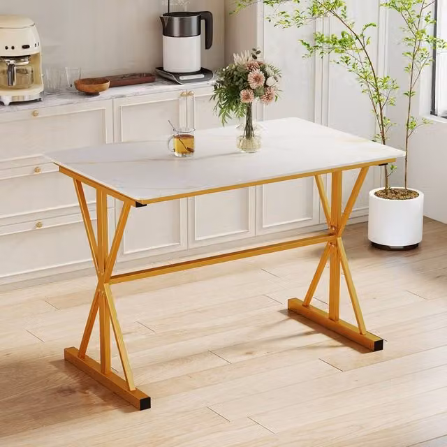Costway Modern Rectangular Sintered Stone Dining Table in White and Gold