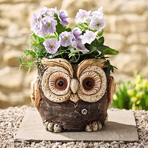 mysmartbuy Owl Shaped Wood Effect Planter in Brown, H18.8cm x W22cm x D22cm