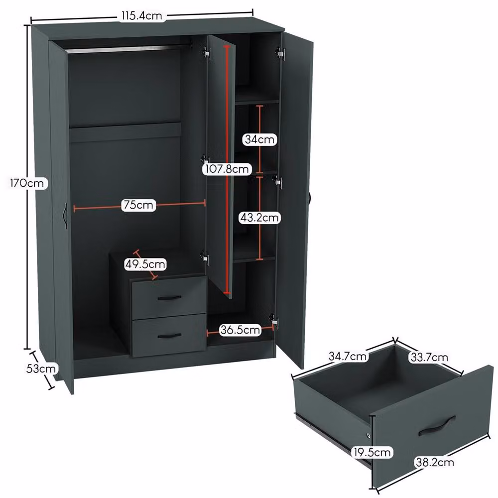 FORGEVIO Modern Green 3 Door 2 Drawer Mirrored Wardrobe with Hanging Rail – 2
