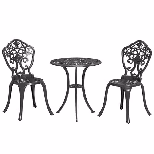 Outsunny 3 Piece Cast Aluminium Garden Bistro Set with Parasol Hole in Black – 1