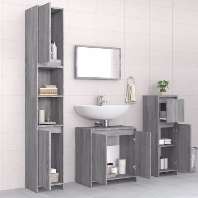 Berkfield Home Modern 4 Piece Grey Matt Bathroom Furniture Set including Mirror Cabinet, Wall Cabinet, Tall Cabinet and Vanity Unit