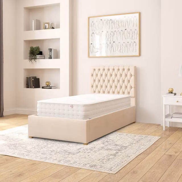 Aspire Single Upholstered Ottoman Storage Bed in Beige Fabric with Lift Up Base