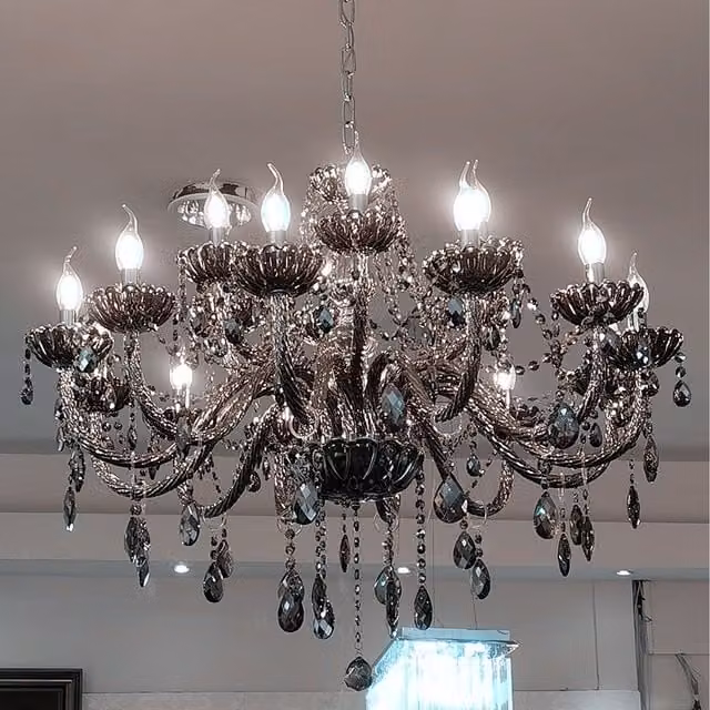 Genuine K9 Smoky Grey Crystal Chandelier in Silver and Grey Metal, W/D/H: 71 x 60 x 71 cm