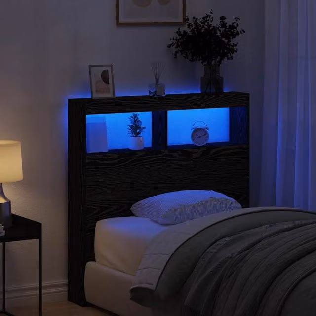 Berkfield Home Modern Black Oak Headboard Cabinet with Integrated LED Lighting and USB Charging Port, W: 100 cm, D: 17 cm, H: 102 cm – 1