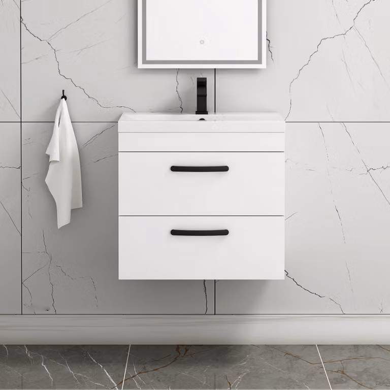Royal Bathrooms Turin 600mm Wall Hung Vanity Unit in Gloss White with 2 Drawers and Matt Black Handles