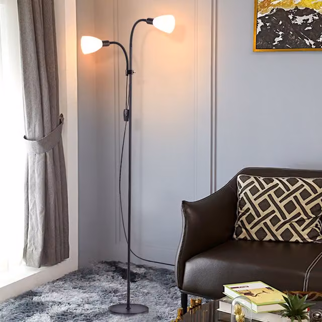 Livingandhome Double LED Torchiere Floor Lamp with Adjustable Reading Light in Black