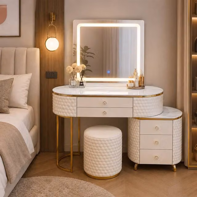 MN Furniture Modern Luxury Dressing Table with LED Mirror, Stool and Cabinet in Beige, Width: 130 cm