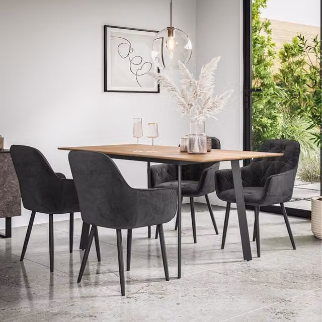 More4Homes Haydon Extending Oak Effect Dining Table Set with 4 to 6 Anika Velvet Chairs in Black and Brown