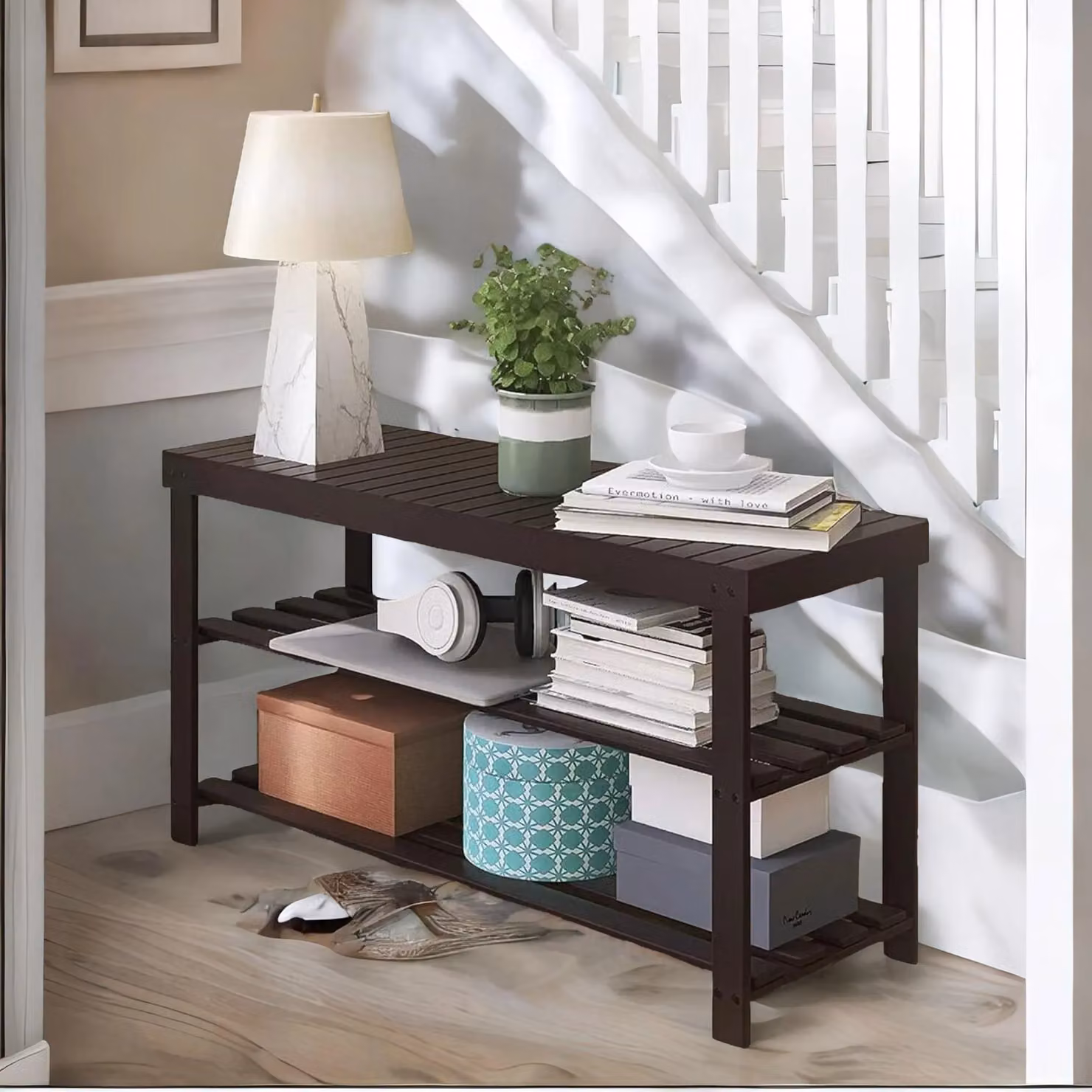 FURNOS 3 Tier Bamboo Shoe Storage Bench in Dark Brown, W/D/H: 116.0 x 28.5 x 85.5 cm – 2