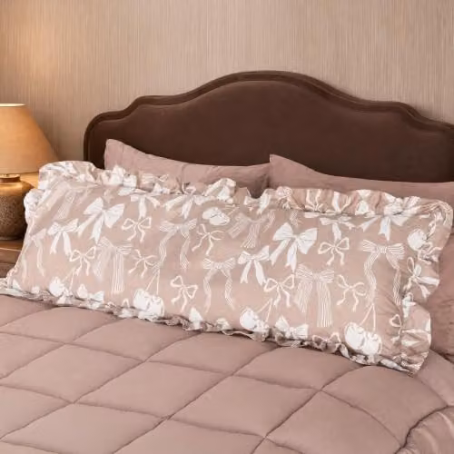 OHS Bow Print Frill Bolster Pillow in Beige with Microfibre Filling for Maternity and Side Sleeper Support