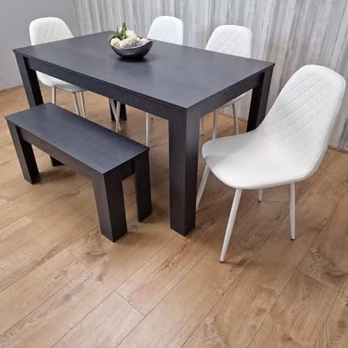 KOSY KOALA Grey Dining Set with Rectangular Table, 4 White Diamond Stitched Chairs and 1 Bench – 4