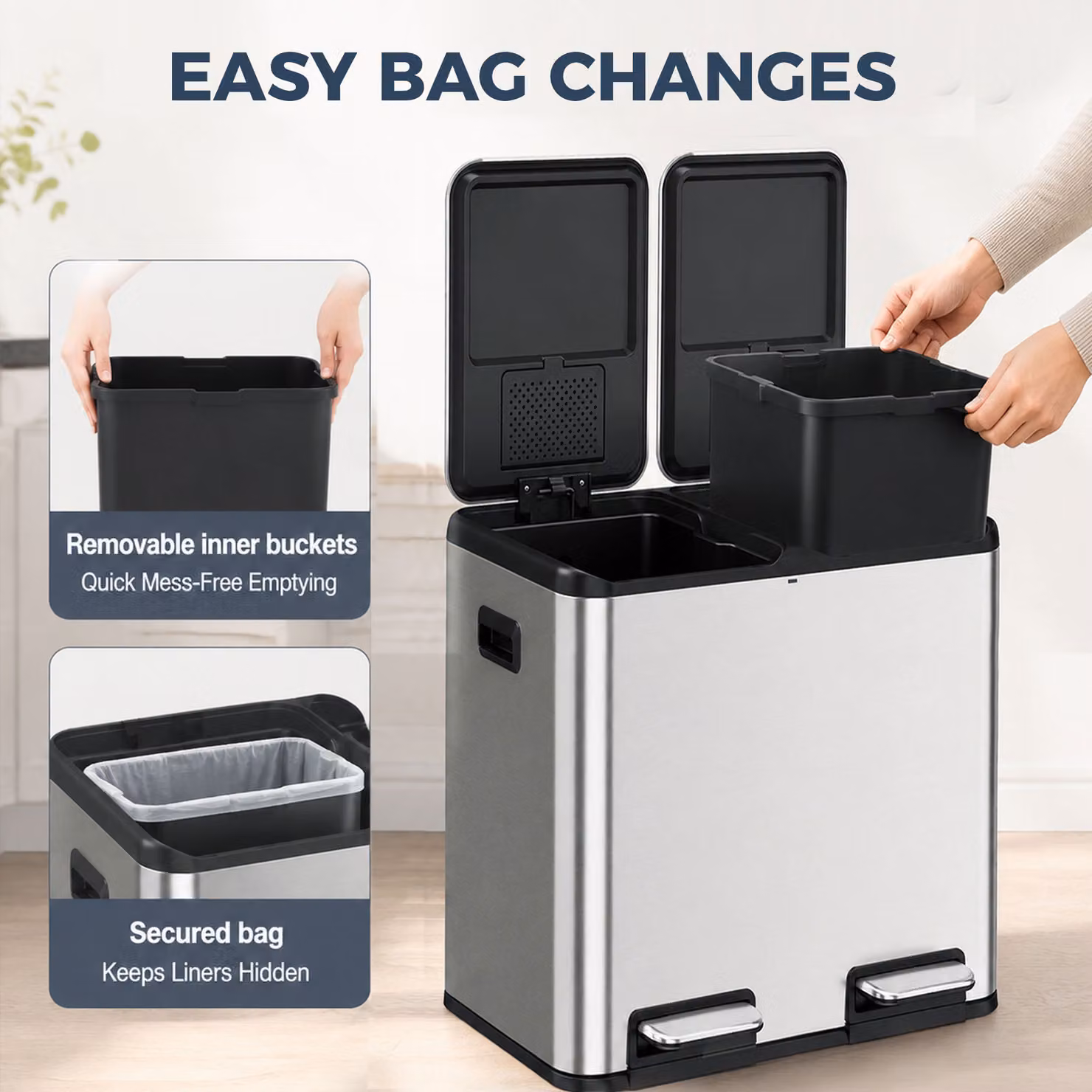 HOMCOM Double Kitchen Bin with Dual 20L Compartments, Stainless Steel Pedal Rubbish Bin with Soft Close Lids and Odour Filter, Silver Tone – 7