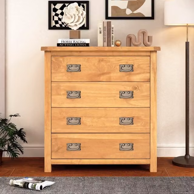 Cabinet Bits Lugo 4 Drawer Chest of Drawers in Rustic Brown Pine with Gold Handles – 1