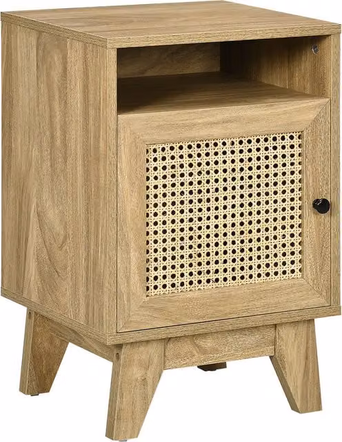 HOMCOM Bedside Cabinet with Rattan Detail and Cupboard, W/D/H: 39 x 35 x 60 cm, Natural Brown – 1