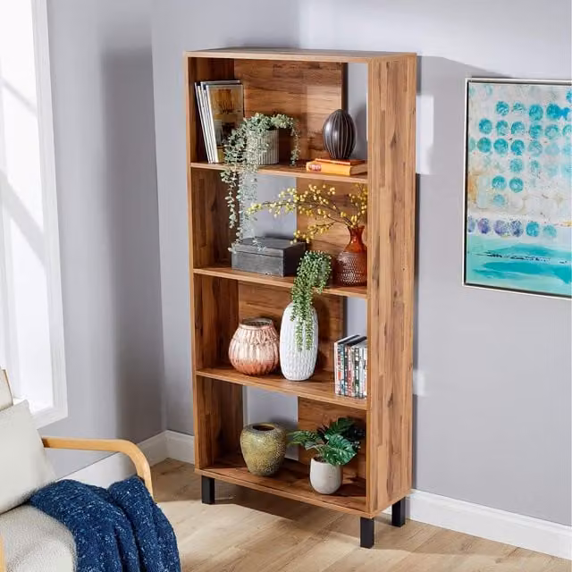 Home Source Newton 4 Tier Modern Industrial Bookcase Shelving Unit in Textured Oak Effect Natural Brown and Yellow
