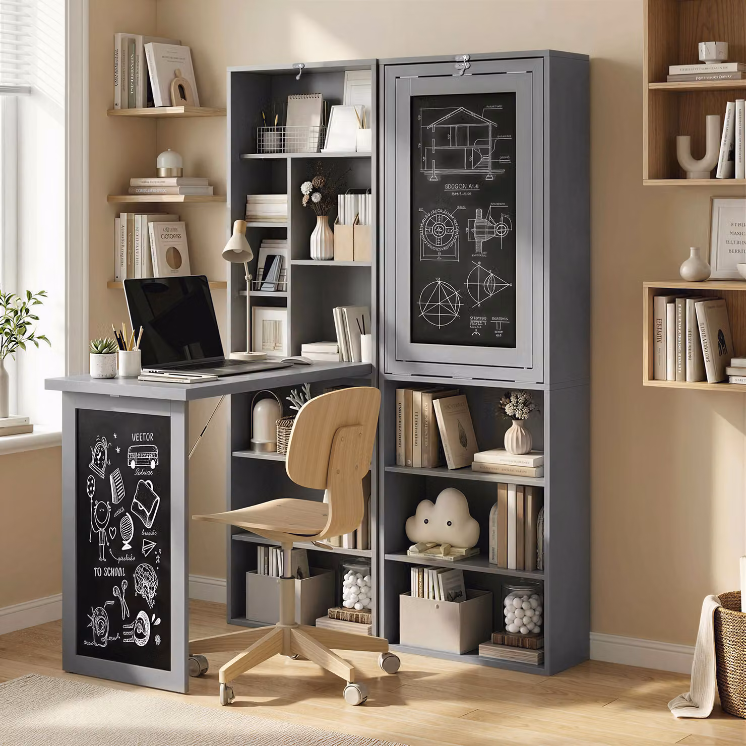 HOMCOM Grey Fold-out Convertible Secretary Writing Desk with Blackboard and Side Shelf, Wall Mount Home Office Workstation – 2