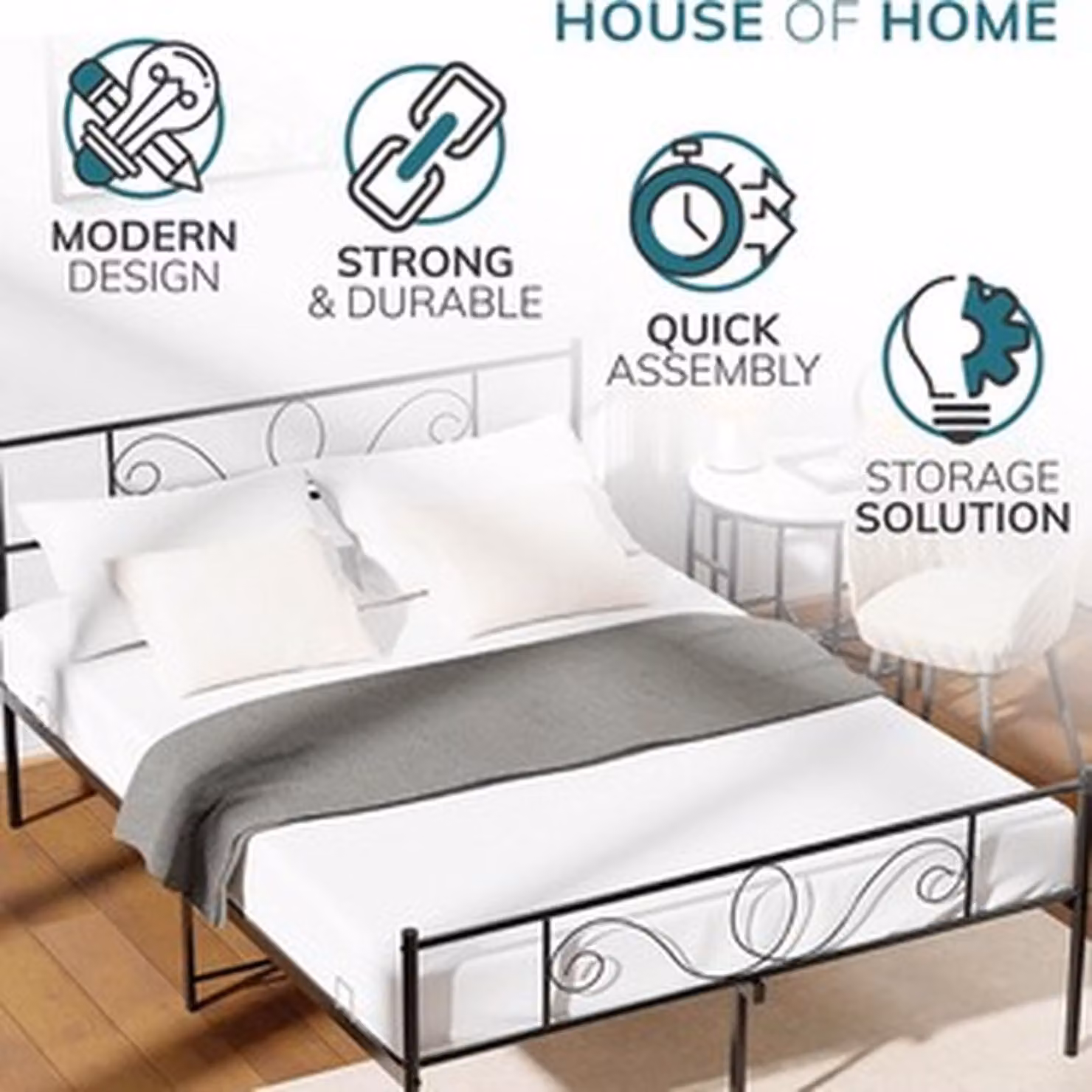 House of Home Modern Metal Bed Frame in Black, 180 x 200 cm – 2
